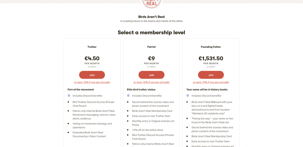 Photo des contreparties du patreon Bird's aren't real