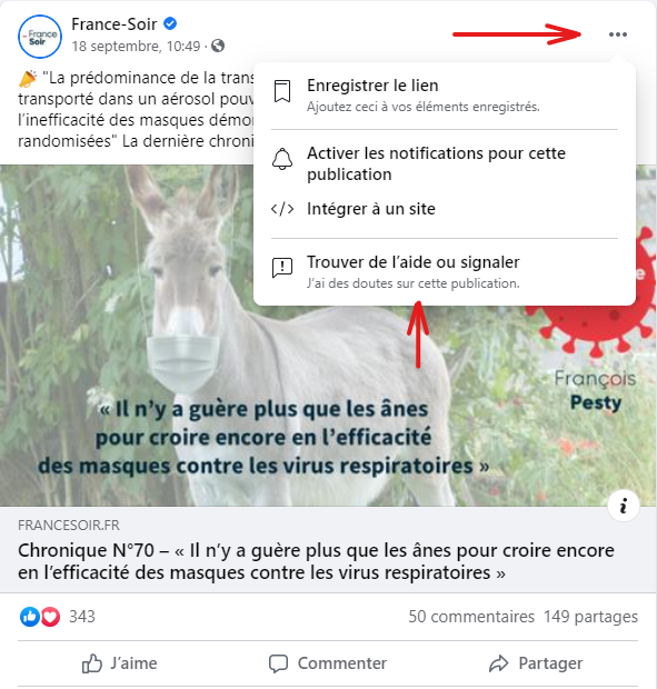 Signaler un contenu sur facebook en cliquant sur les trois points en haut à droite